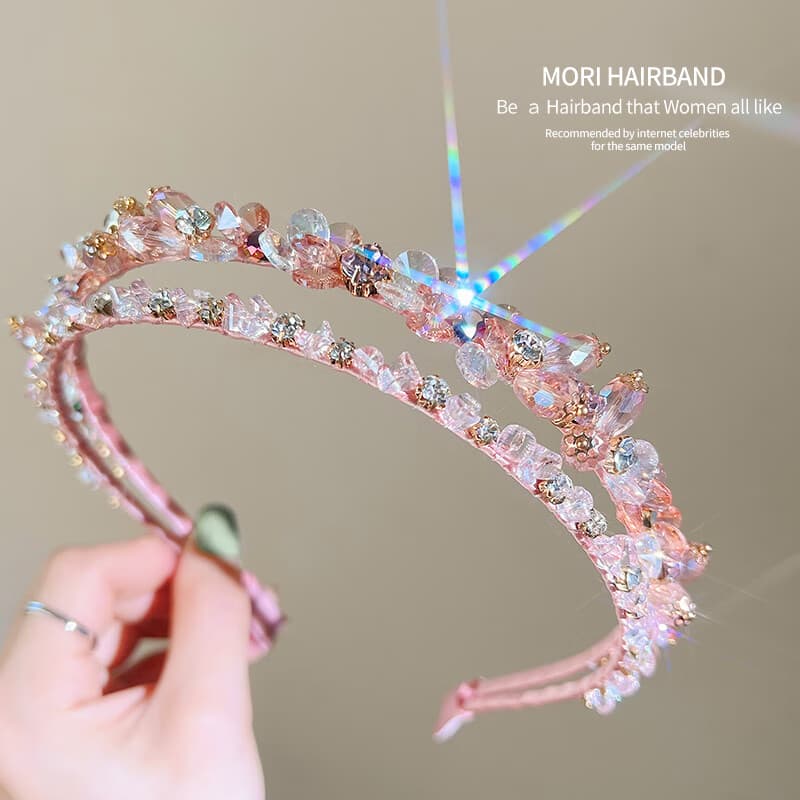 左欧发箍女2025新款森系仙女水钻压发头箍高级感不夹头发卡子水晶发饰 韩粉色