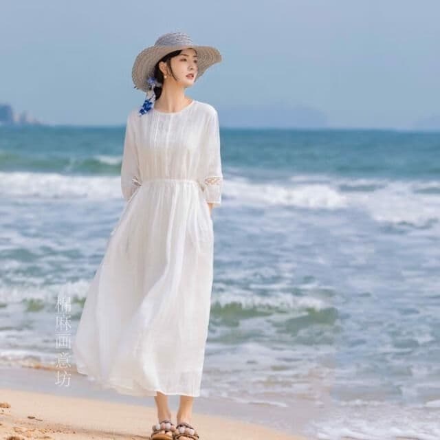诺嫚娣轲三亚旅游度假风穿搭海边沙滩长裙高档白色连衣裙子女夏天2025新款 白色 L (建议115-130斤)