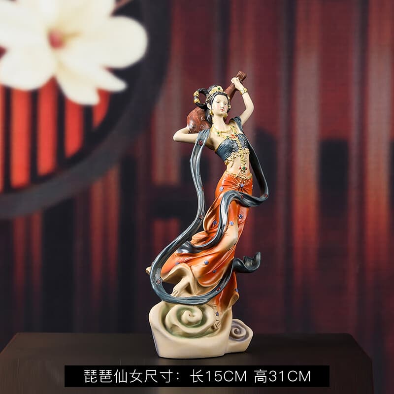 高端新中式敦煌飞天摆件禅意古典人物客厅玄关书柜古风装饰工艺品 飞天琵琶仙女