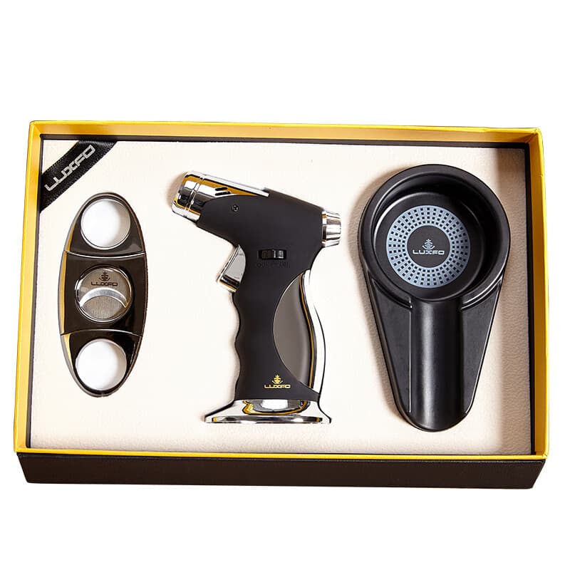 LUXFO朗佑雪茄剪打火机锋利便携雪茄刀充气火机烟灰缸雪茄烟具三件套装 三件套黑色8003PH