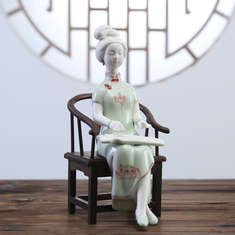 山头林村青花瓷雕仕女青花瓷美人摆件古典陶瓷人物仕女德化创意工艺品的 仕女琴不含椅子