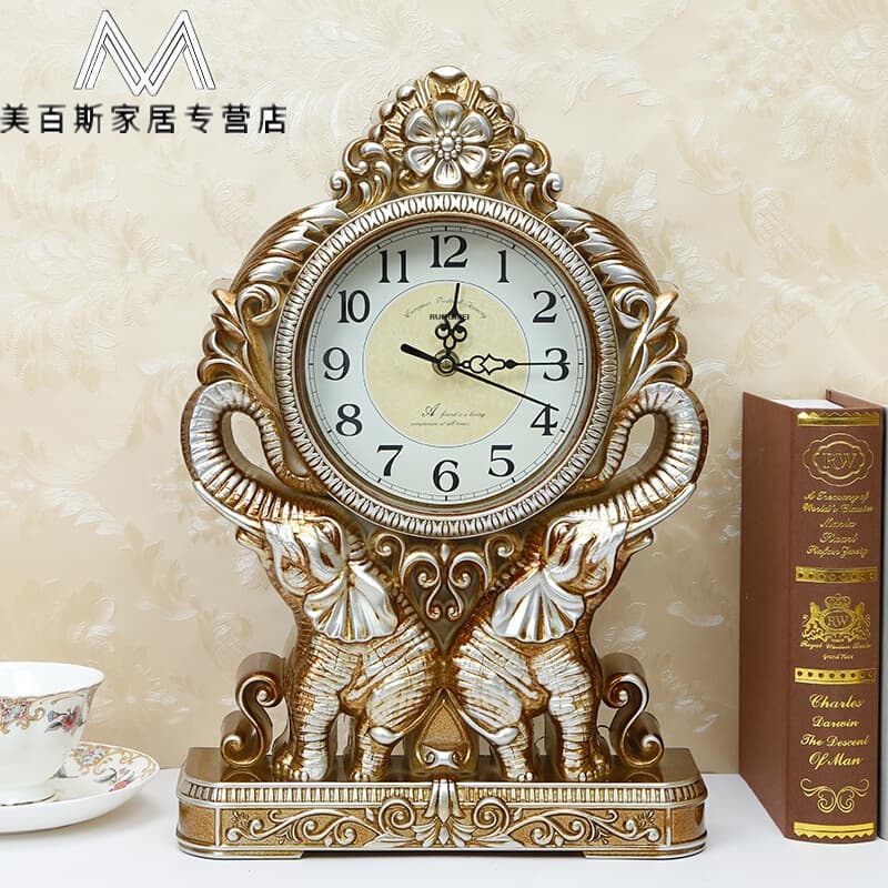 欧式复古座钟台钟客厅美式大号台式钟表摆钟桌面创意家用时钟摆件 金艺
