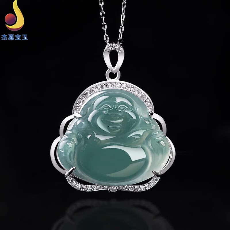 杰嘉宝玉原创【笑口常开】A货翡翠蓝水佛公弥勒佛吊坠项链冰种挂件女款