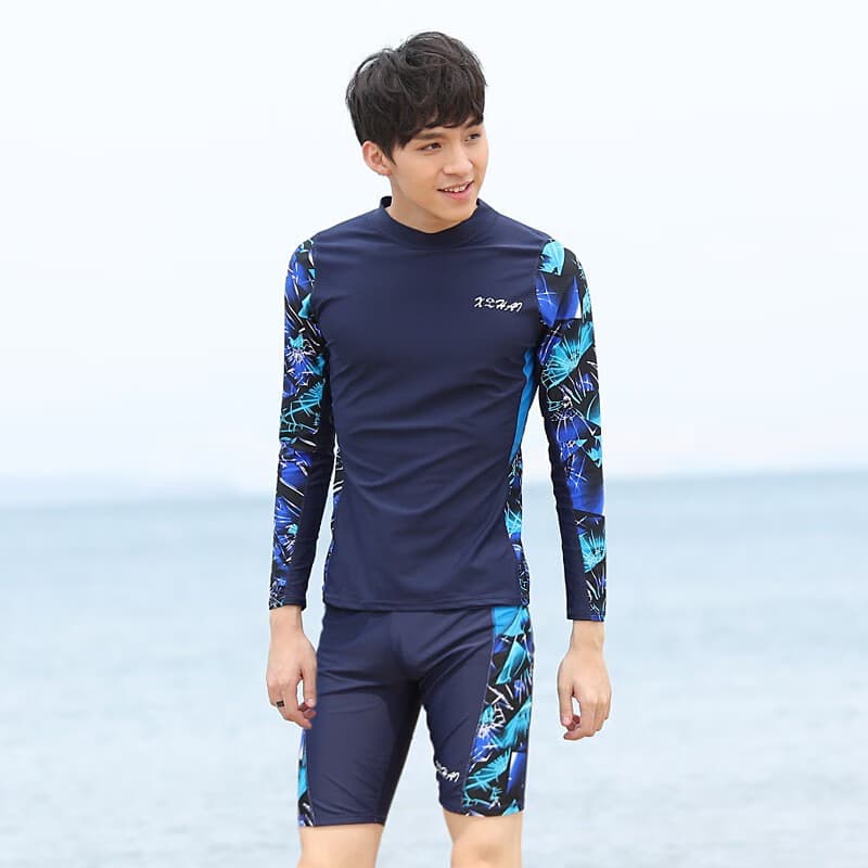 轩海分体泳衣男士青少年冲浪漂流泡温泉保暖潜水服防晒速干泳衣套装 0536-1长袖+0657-1五分裤套装 2XL