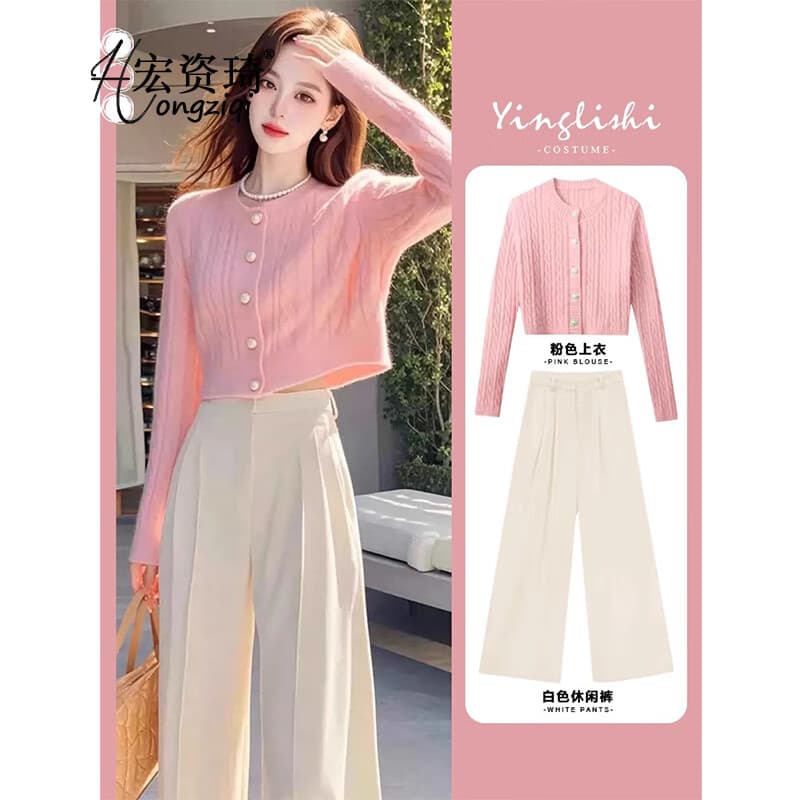 宏资琦休闲裤女2025秋装新款款温柔减龄外套女装秋冬套装针织衫衣服裤子 上衣+裤子 M （建议身高158以上）100—110斤