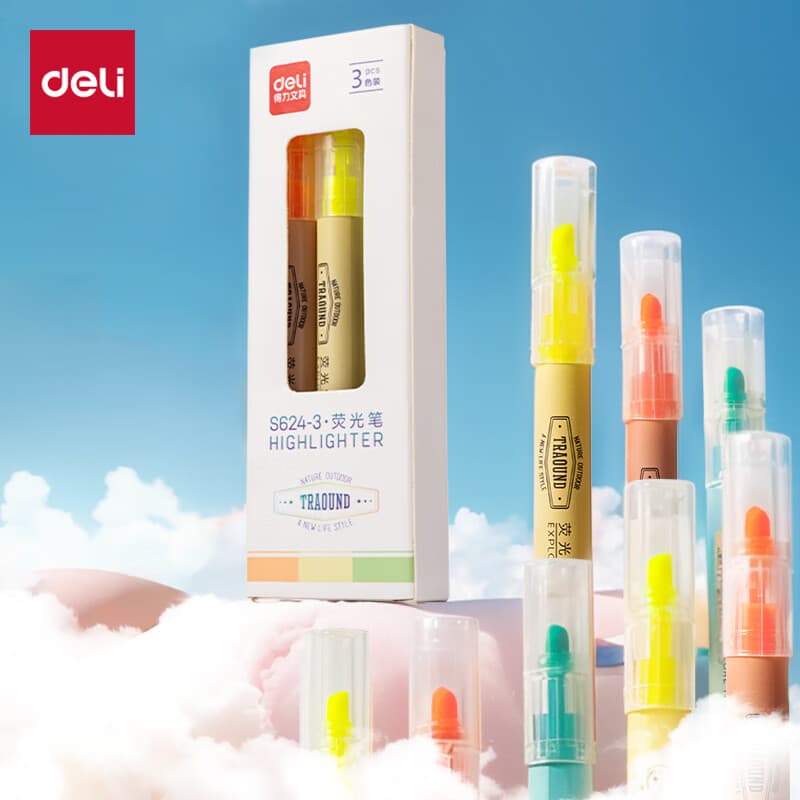 得力(deli)彩色荧光笔小包装 学生文具考试复习重点记号笔马克笔笔记手帐绘画 3支/盒S624-3