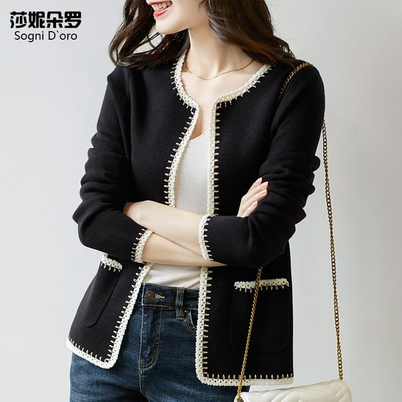 莎妮朵罗大码女装外套女胖妹妹秋装胖mm小香风微胖显瘦针织衫女开衫17810 黑色 4XL 建议160-180斤穿着