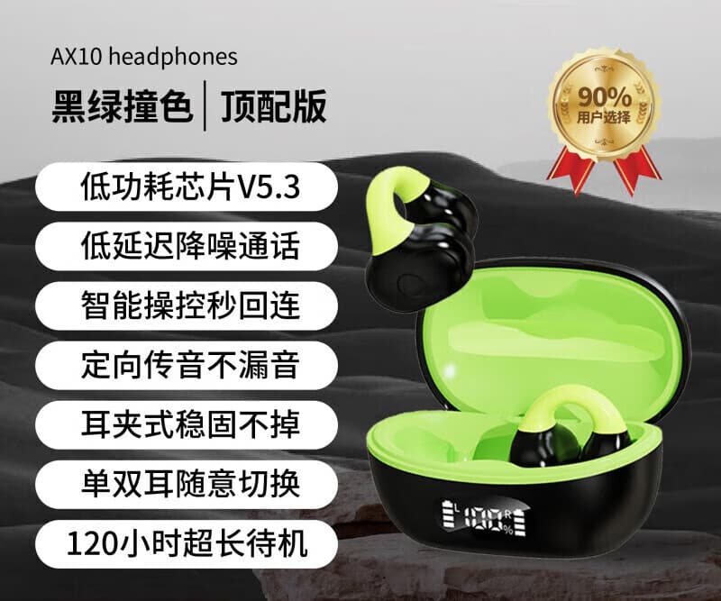竣芮跨境蓝牙耳机耳夹式不入耳无痛跑步运动无线夹耳蓝牙耳机超长续航 AX10黑配绿(夹耳无痛+蓝牙5.3+高