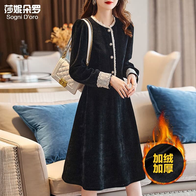 莎妮朵罗大码女装连衣裙秋冬新品胖mm胖人显瘦款遮肚遮肉修身小黑裙17820  黑色- 加绒 3XL 建议140-160斤穿着