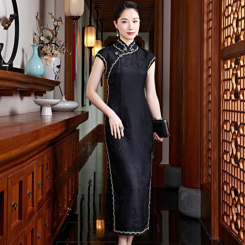 玺玥中国风真丝提花原创传统古典老上海长款旗袍连衣裙夏黑色显瘦 黑色 L (体重105~115)