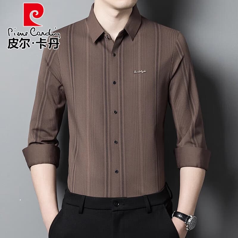 皮尔卡丹（pierre cardin）新款高档秋装男装长袖衬衫男春秋款中年男士真丝衬衫条纹免烫衬衣 咖色699 175/XL