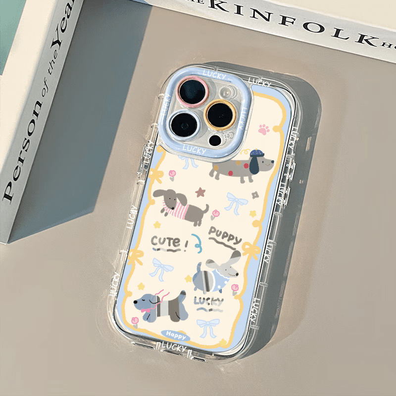 权速ins创意黄蓝镂空小狗镜面适用苹果手机iPhone15新款手机壳可爱卡通奶油壳iPhone14全包防摔保护套 【黄蓝镂空小狗镜面】 iPhone14Promax