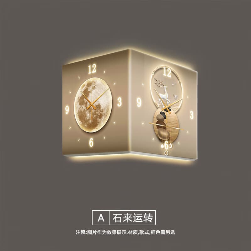 拐角时钟创意石来运转转角时钟月球客厅双面拐角挂钟2024网红麋的 A款不带灯+钟表+金指针 10英寸