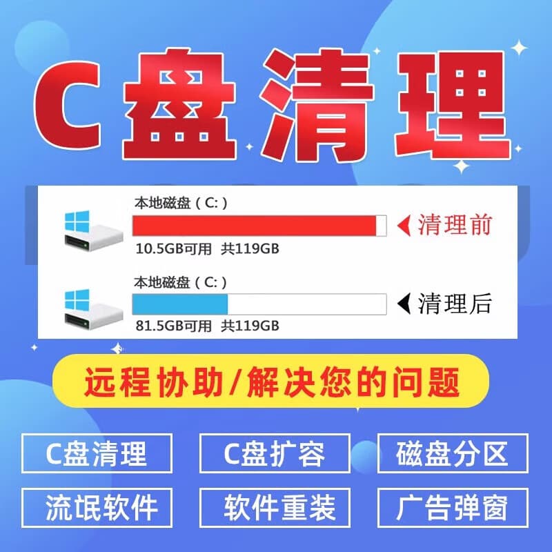 电脑远程c盘清理扩容笔记本磁盘分区流氓软件广告弹窗内存清理合 C盘清理优化扩容（2）
