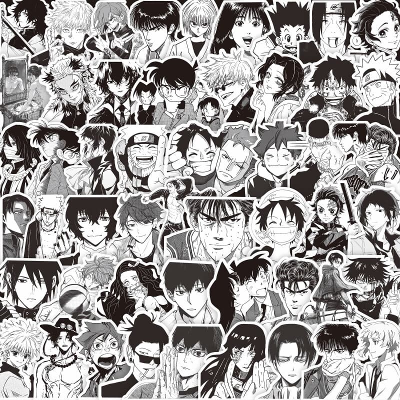 咒术回战贴纸乙忧太五条悟1000张黑白动漫贴纸鬼灭之刃火影海贼的 黑白动漫混合贴纸75枚(固定图案