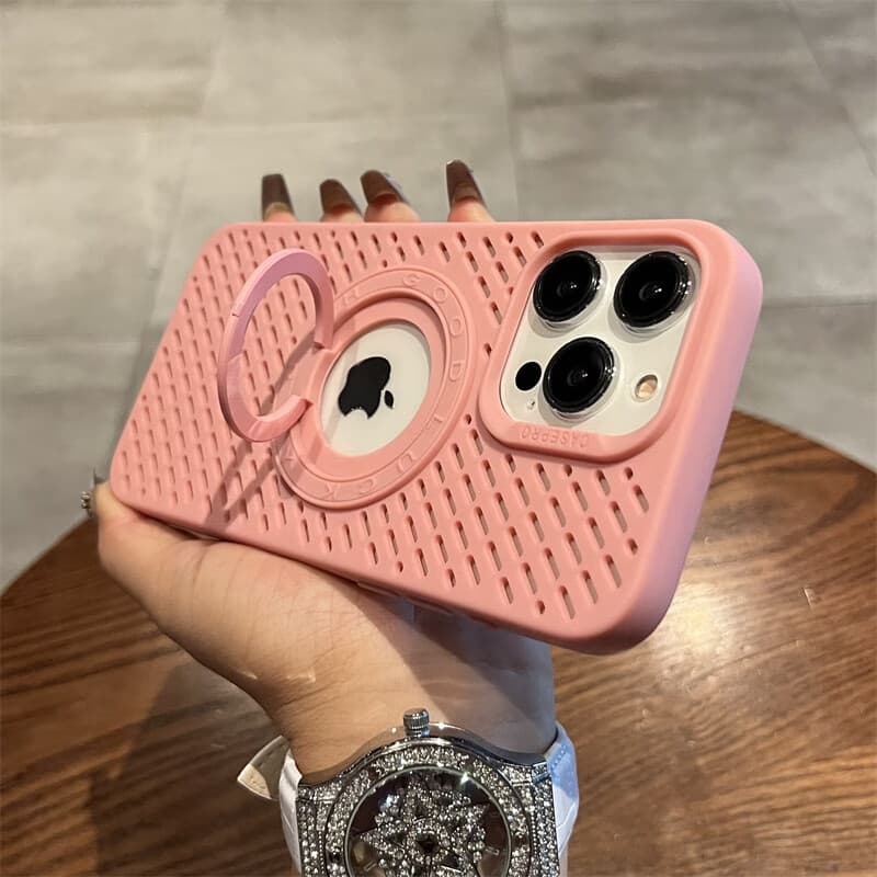 尹尚 【散热透气带支架】适用iphone16Pro简约纯色硅胶苹果15promax手机壳iPhone14pro/13男女12promax 散热支架软壳-大孔漏标【粉色】 iPhone 16promax