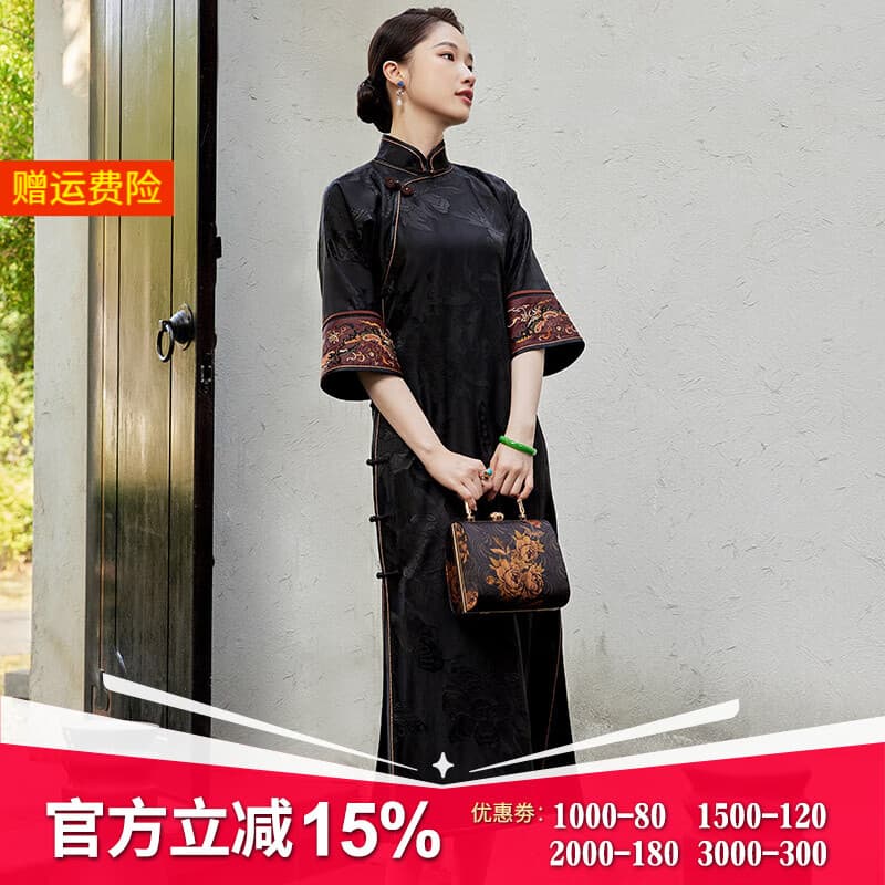 玺玥玺玥2025夏新款中国风40姆米香云纱古法旗袍长款连衣裙古典禅意女 黑色 2XL (体重125~135)