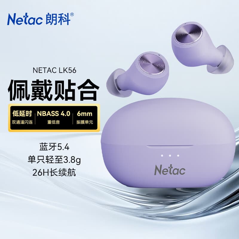 朗科（Netac）真无线入耳式蓝牙耳机 无线耳机 音乐通话 蓝牙5.4游戏低延迟运动适用于苹果华为小米 LK56紫色