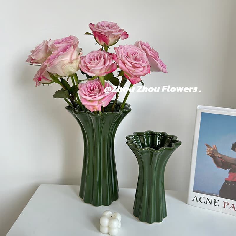 小众感法式奶油陶瓷花瓶水养鲜花玫瑰干花客厅装饰摆件中古风 花七【小号+大号】绿色