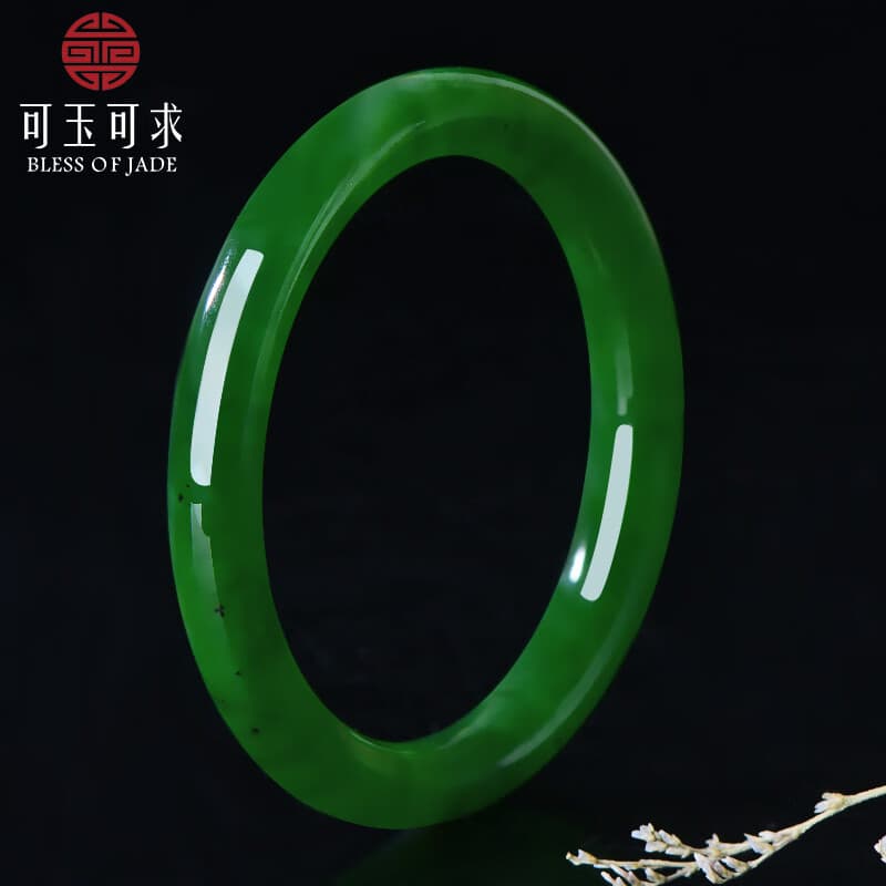 可玉可求臻品贵气碧玉和田玉手镯 女款菠菜绿油润碧玉宽条玉石手镯 款二内径约54毫米 C6831z