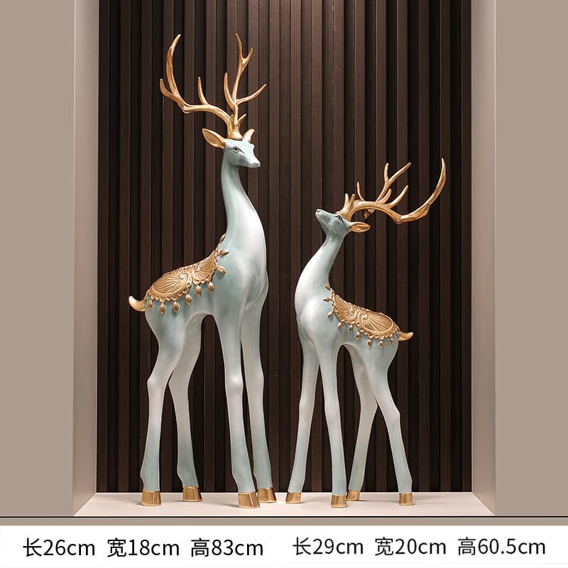橙央客厅摆件轻奢大件落地式艺术鹿玄关壁龛感现代电视柜旁边的 梅花鹿摆件一套蓝灰