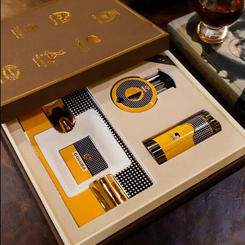 高希霸COHIBA复刻古巴烟具套装 雪茄剪刀防风打火机烟灰缸三件工具套装 高希霸