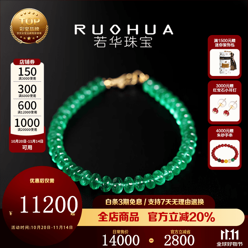 若华（RUOHUA）青柑 大颗粒素面祖母绿手链女18K金宝石手串彩宝生日礼物送女友 5-6mm祖母绿手链【长19cm】