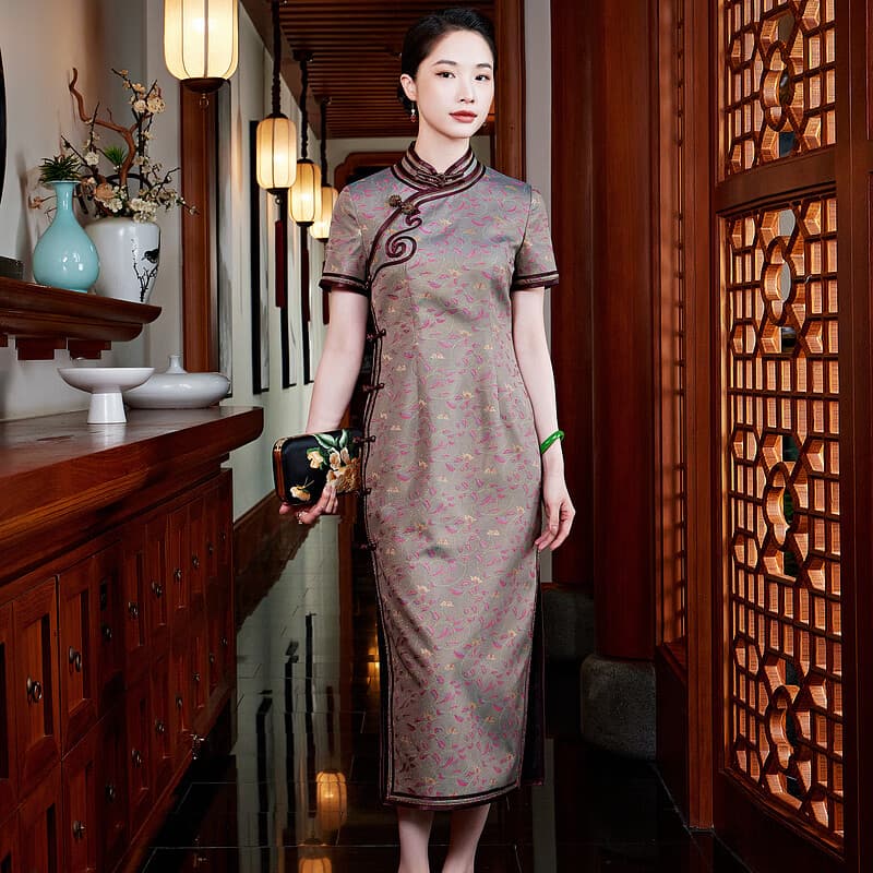 玺玥中国风香云纱宋锦罗传统如意旗袍桑蚕丝古典连衣裙2025夏季 浅灰色 XL