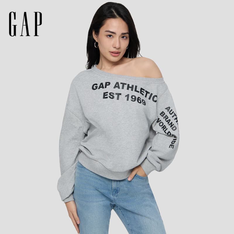 GAP女装2025秋季新款Logo胶印宽松毛圈布斜肩卫衣休闲上衣829367 浅灰色 M (165/88A) 亚洲尺码