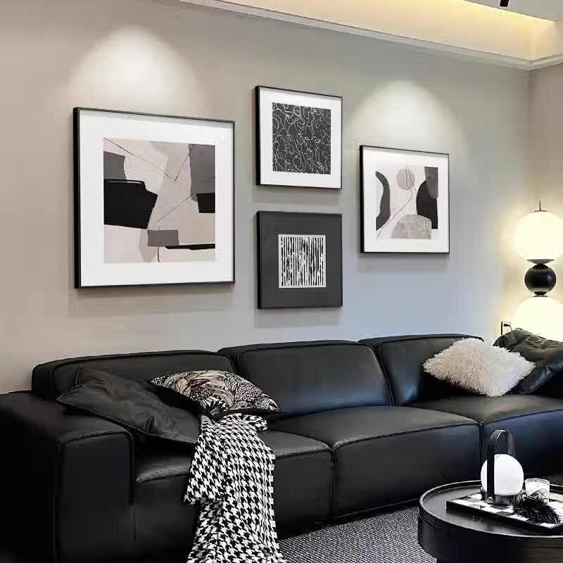 感画黑白灰抽象客厅画沙发背景画现代简约客厅挂画高级感艺术组合壁画 JD30417 60*60+30*30+30*30+40*40 典雅黑框 质感油画布ps外框