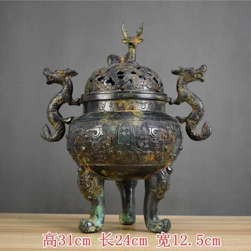仿古青铜器汉代博山炉凤鸟龟鹤熏炉汉婚影视道具古典工艺品香薰炉 双龙鹿熏炉