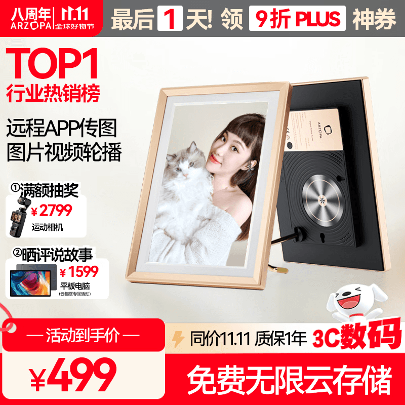 ARZOPA阿卓帕 10.1英寸数码电子相框 智能云相框 高清电子相册 照片视频触摸播放 D10香槟金 中秋节礼物