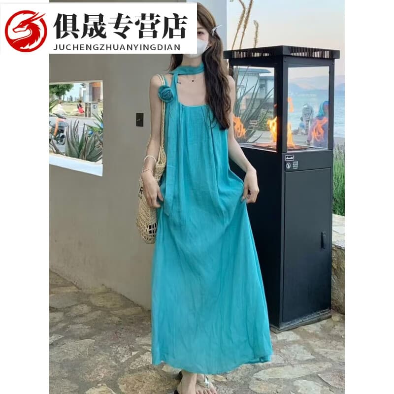 喆炜沙滩裙女海边度假长裙旅游拍照夏季气质宽松显瘦A字裙吊带连衣裙 M(85-100斤)