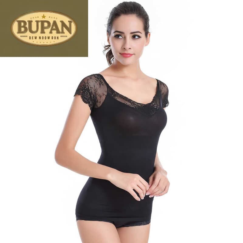 溥畔蕾丝短袖塑身衣女士无缝美体薄款 束身收腹塑形美体显瘦打底衫夏 黑色 均码