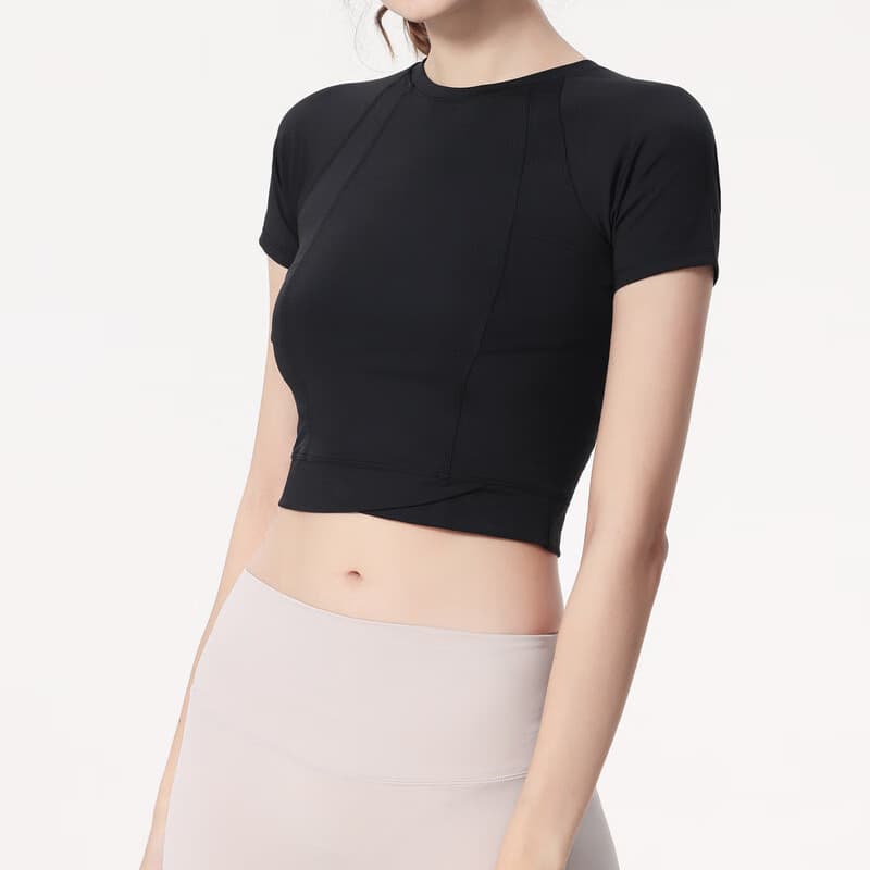 喜奏（XIZOU）夏季露肚挤健身服女跑步速干衣运动短袖T恤紧身显瘦瑜伽上衣 黑色 S