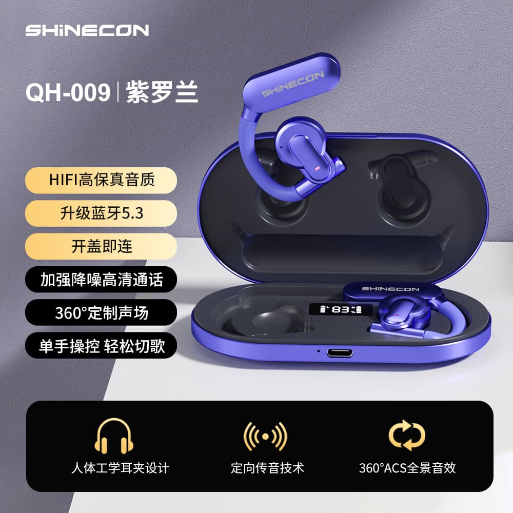 SHINECON蓝牙耳机QH-009真无线耳机跑步运动耳机降噪耳机开放式耳机挂耳式蓝牙耳机适用华为苹果小米 紫罗兰