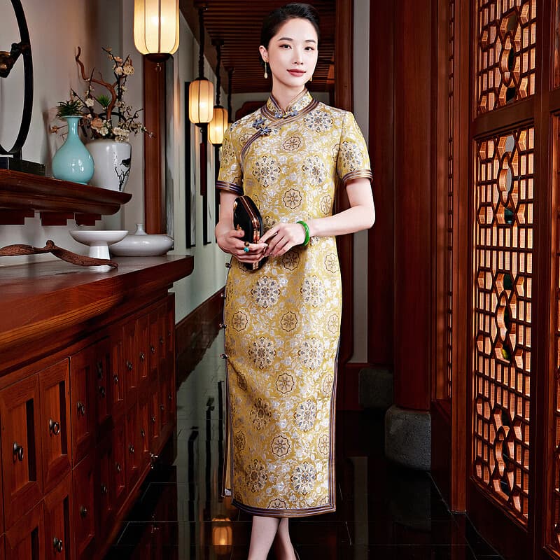 玺玥中国风传统古典丨非遗老宋锦丨旗袍高端手工花扣宴会礼服夏季 黄色 3XL