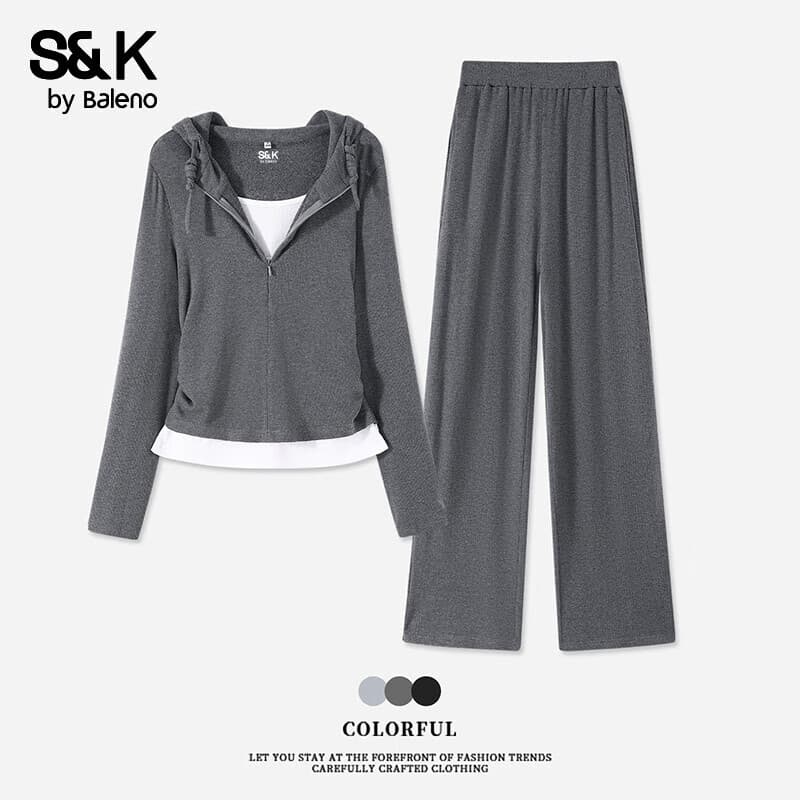 班尼路假两件收腰两件套女2025年初秋女装套装时尚舒适高弹修身一整套 深麻灰#纯色 L