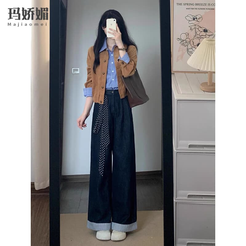 玛娇媚（Majiaomei）休闲裤女装套装2025年早秋新款小个子工装夹克外套衬衣阔腿裤子女 外套+格子衬衣+牛仔裤 M