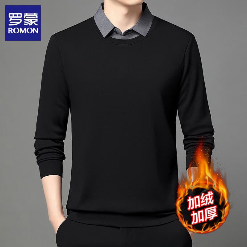 ROMON加绒加厚假两件长袖t恤男2025冬季新款保暖针织打底衫卫衣男装 黑色 L