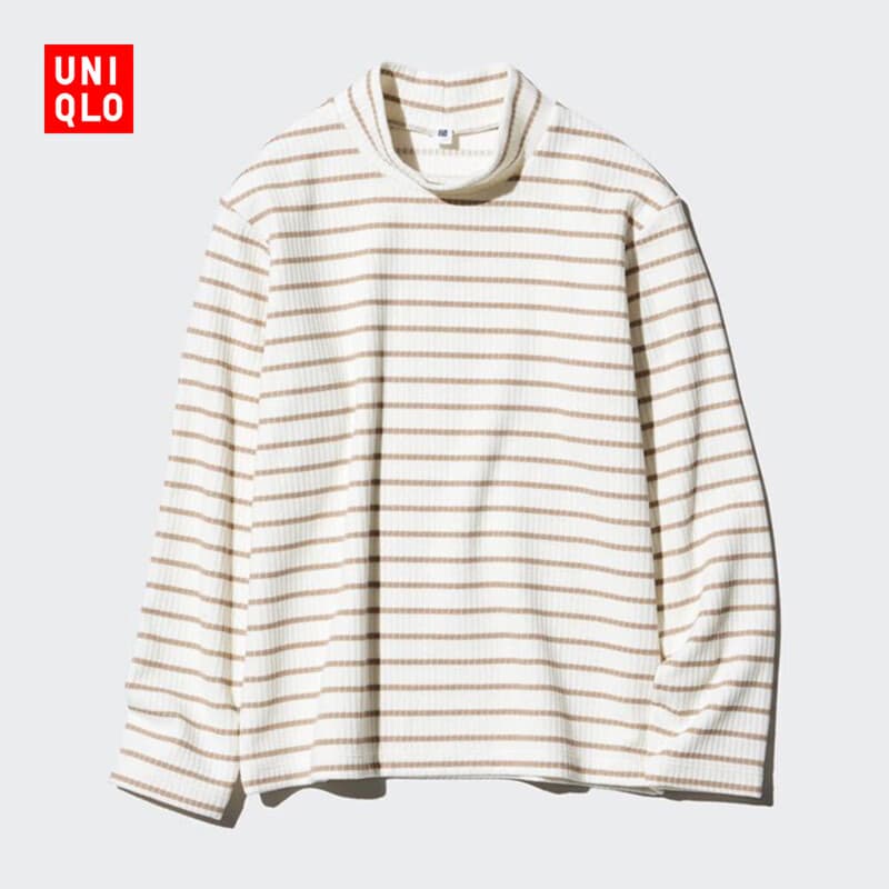 优衣库童装女童HEATTECH罗纹条纹高领T恤长袖暖三宝内搭474570 01 乳白色 130