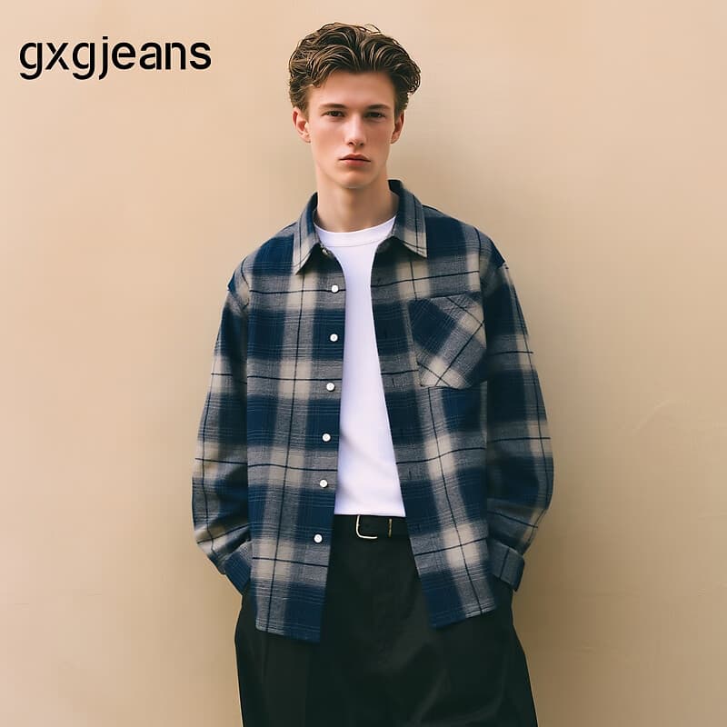 gxg.jeans男装* 蓝色格纹简约通勤宽松长袖衬衫上衣男 25年秋新品 蓝格 L (175)