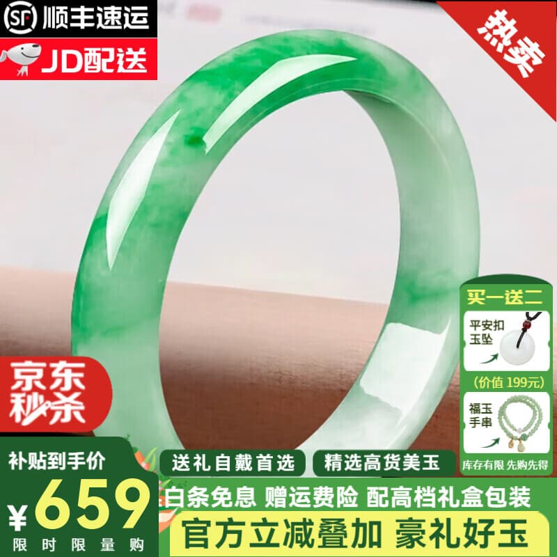 珒珏 翡翠玉手镯 缅甸玉石镯子阳绿平安镯处理女款玉镯 内径64-65mm(附鉴定证书)