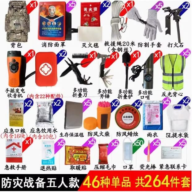 家庭自救地震户外装备企业安全应急救援包物资逃生抗洪防灾家用 防火战备应急包(五人款)-D79