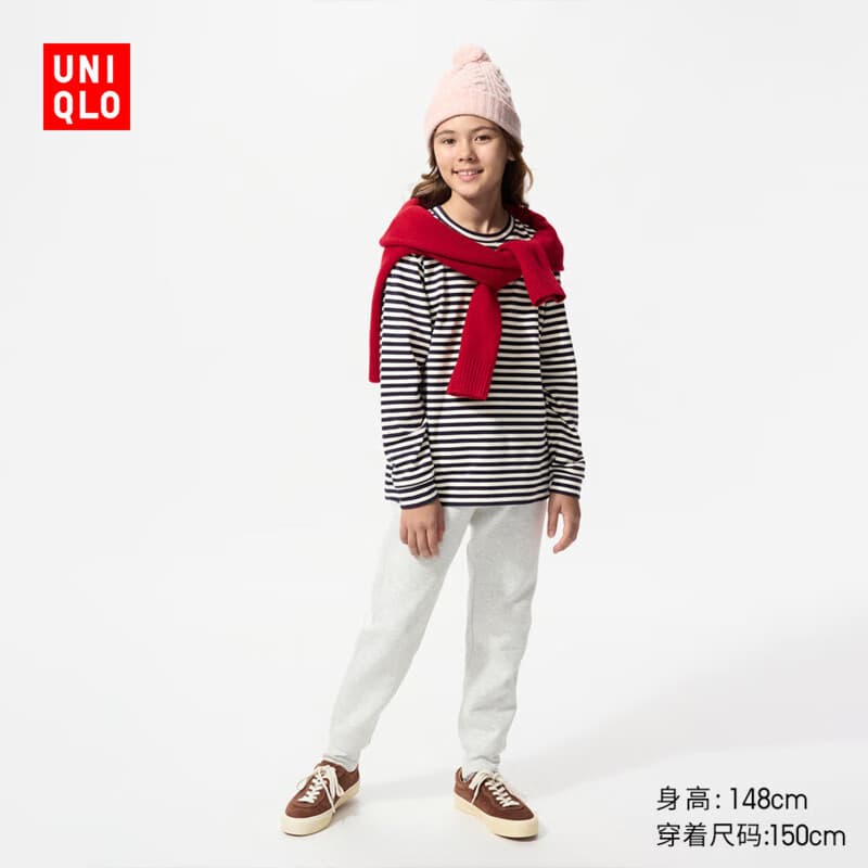 优衣库童装男童女童摇粒绒圆领T恤长袖条纹抓绒25秋冬新款482987 69 藏青色 160