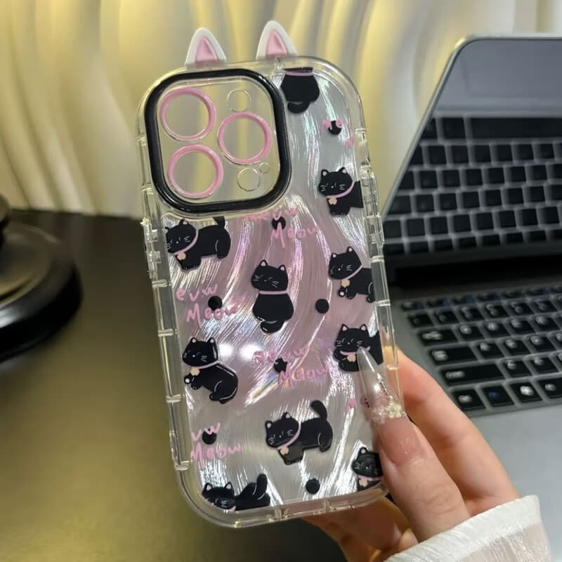 其他家卖萌玫粉猫咪镜面支架适用iphone16promax手机保护壳 奶油羽纱-卖萌玫粉猫咪+耳朵 iPhone_16