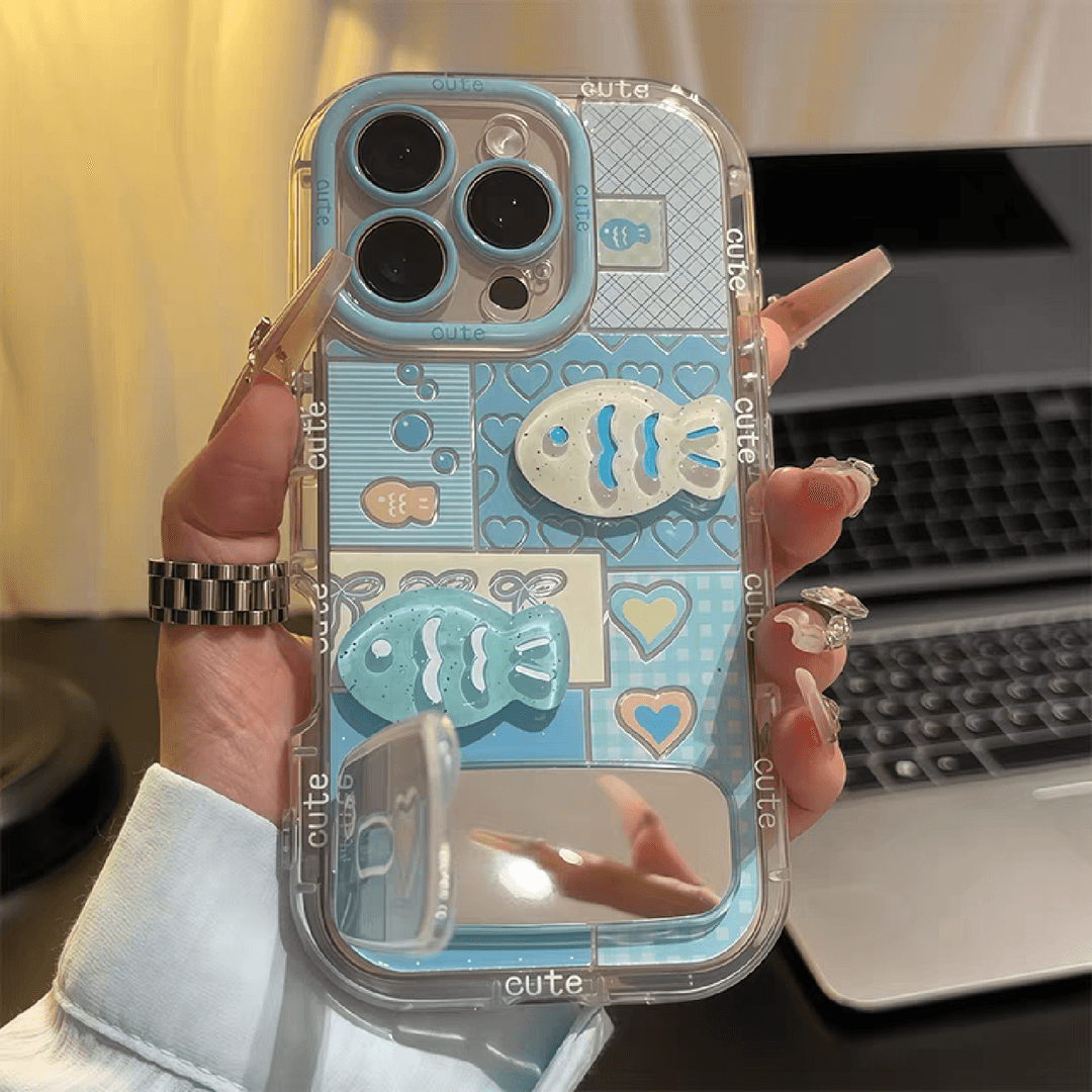 启粤蓝格小鱼公仔适用苹果16pro手机壳iphone15保护套女款r iPhone16 【羽纱泡芙壳-蓝格小鱼】+【立体公仔】