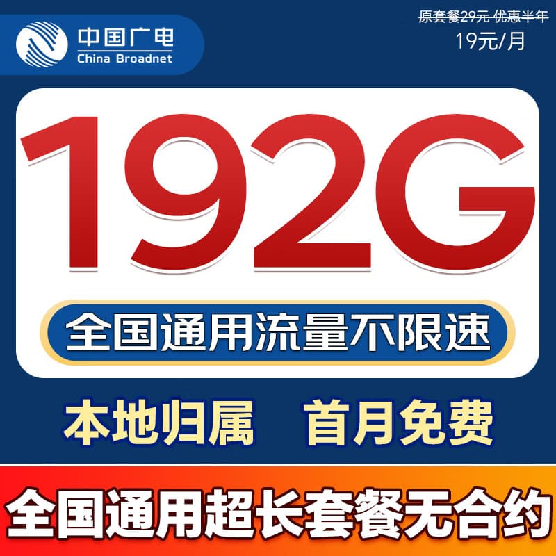 中国广电非永久19元大流量卡本地卡全国通用无限流量手机卡纯上网卡电话卡广电流量卡 广龙卡 19元192G全国通用套餐不变无合约