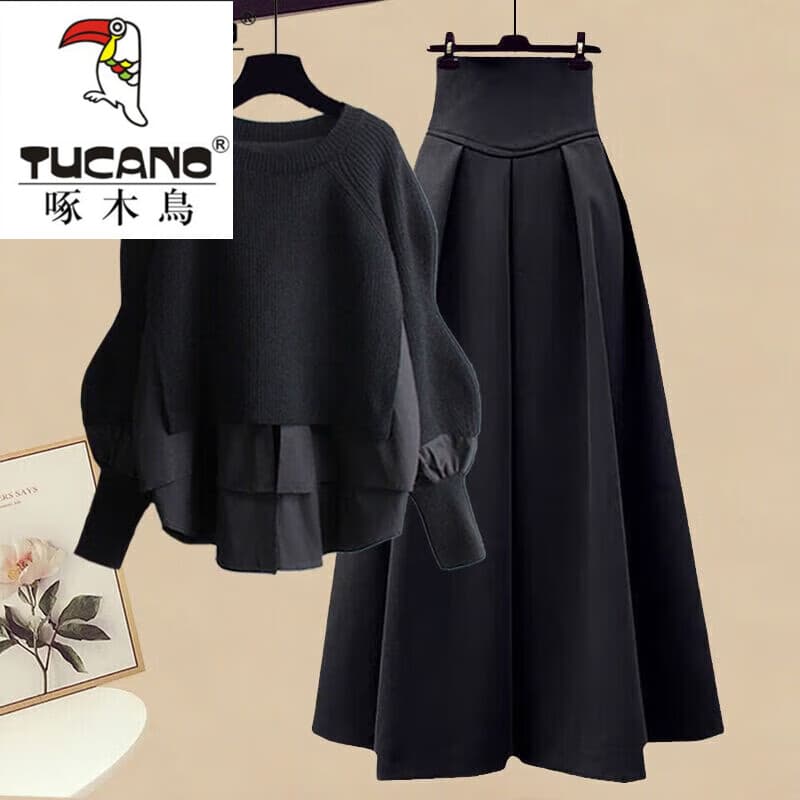 啄木鸟显瘦半身裙两件套女2025年秋季新款套装时尚假两件上衣气质女装 黑色上衣+黑色半身裙 【两件套 L 建议-120斤