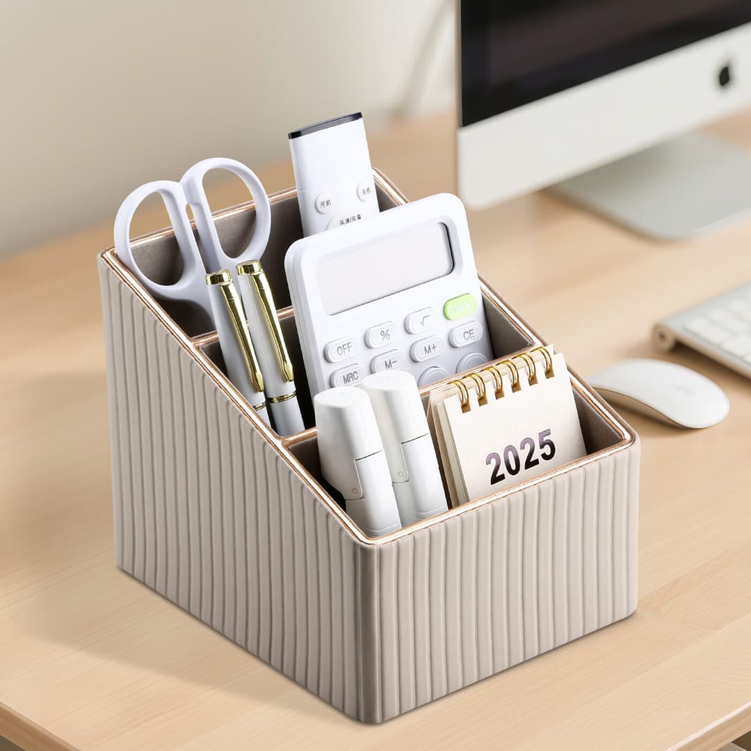 悦利（richblue）多功能收纳盒多隔层桌面文具整理盒收纳用品家居手机遥控器收纳盒 奶茶色竖条纹A512